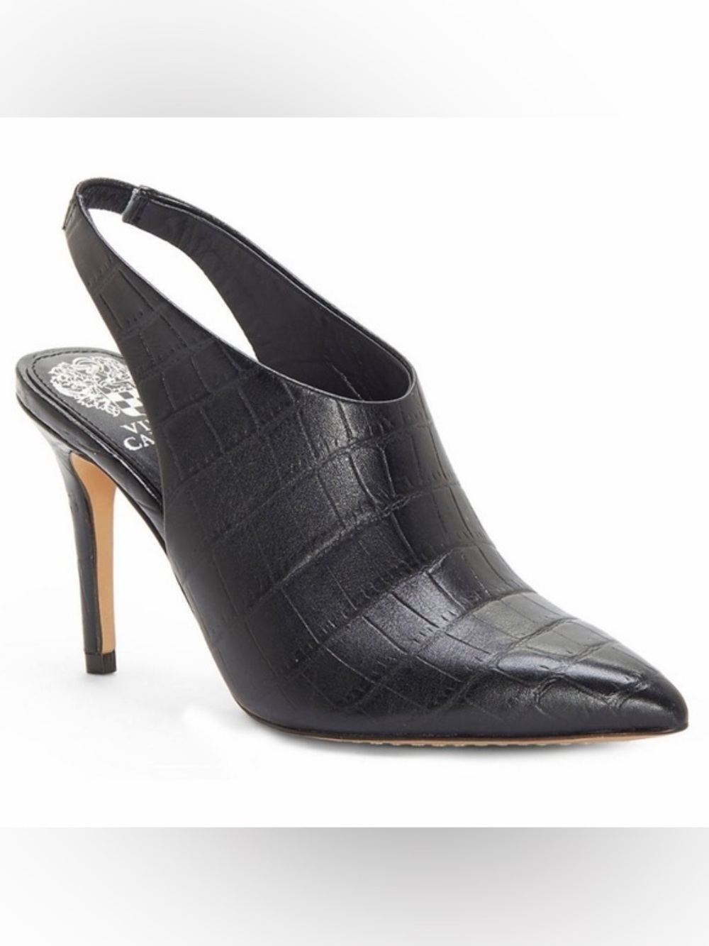 Vince Camuto Black Croc-Embossed Pointed Slingback Heels